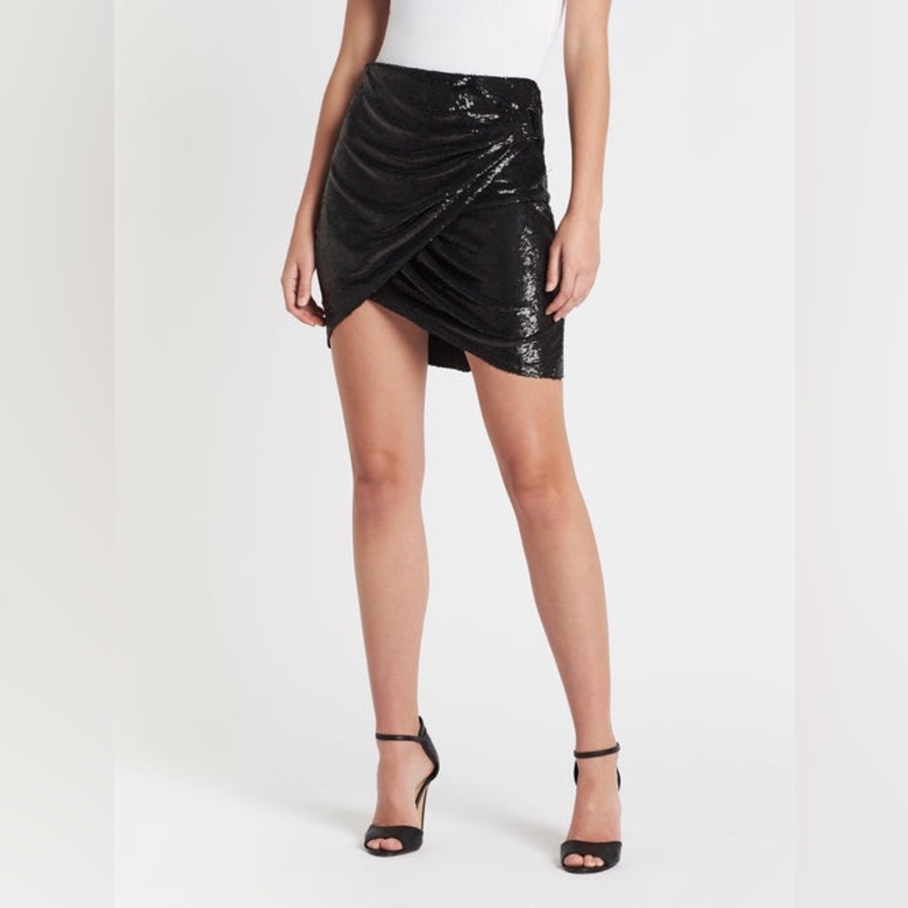 IRO Catina Mini Skirt Black Sequins Size 36(S) Wrap Draped Front Back Zipper